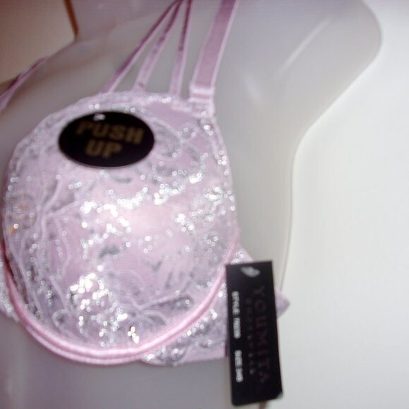 Youmita 34B Seafog Metallic Lace Bra & Medium Metallic Lace Hipster NWT - Picture 5 of 9